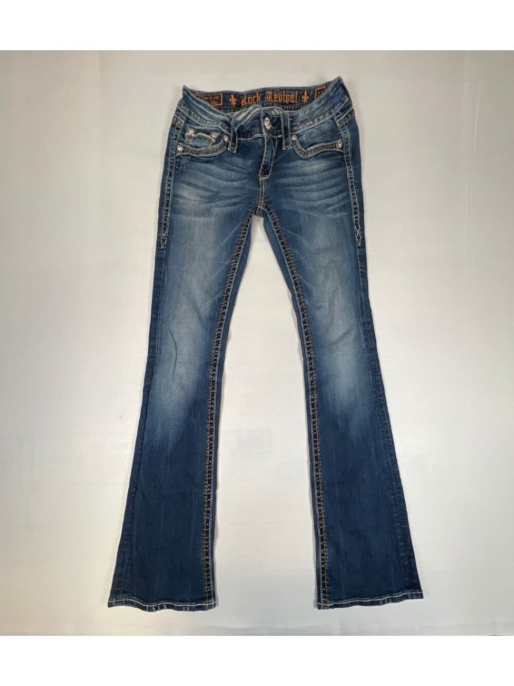 Rock Revival Flo Bootcut Jeans Womens 27 Blue Denim Flap Pocket Rhinestone Y2K